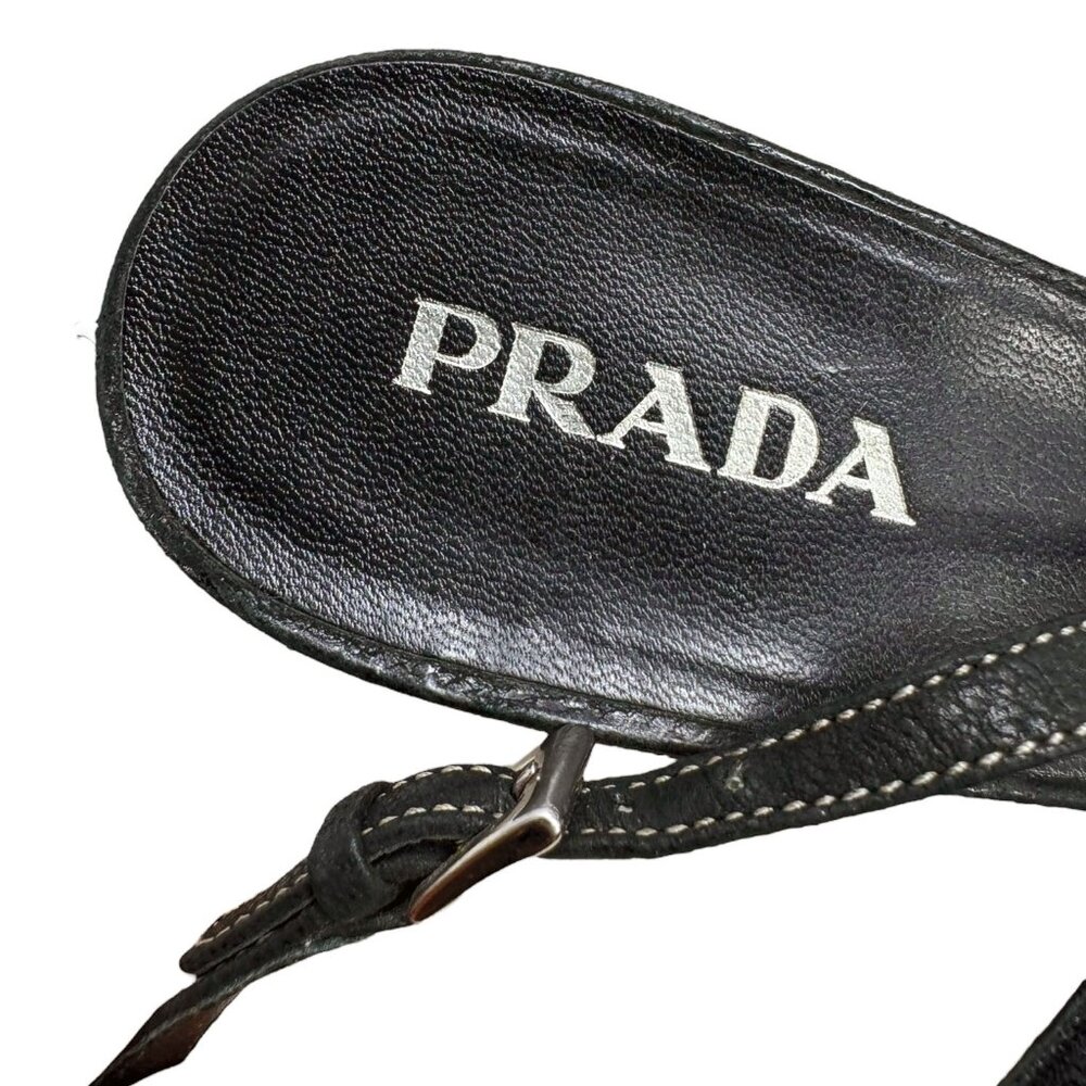 Prada Black Textured Leather Braided‎ Horse Bit Slingback Kitten Heels - Picture 2 of 11